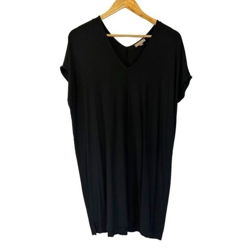 Lilla P Black Oversized V-Neck‎ Tunic Top S Lagenlook Minimalist Neutral Boho